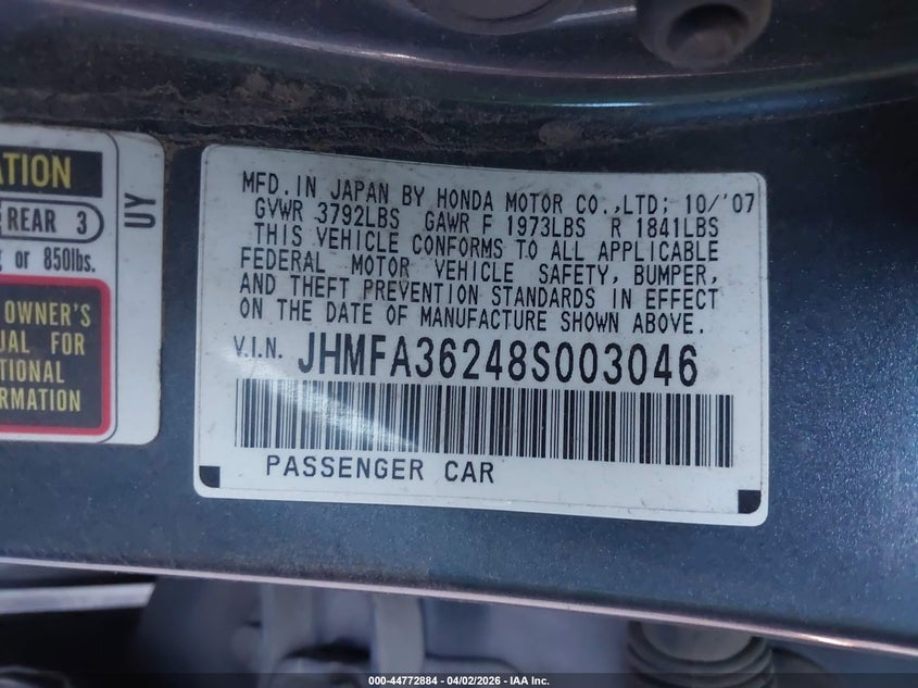 2008 Honda Civic VIN JHMFA36248S003046 IAAI salvage auction — LEFT SIDE, Salvage (California), sold $450 on 2026-07-07 (photo 9)