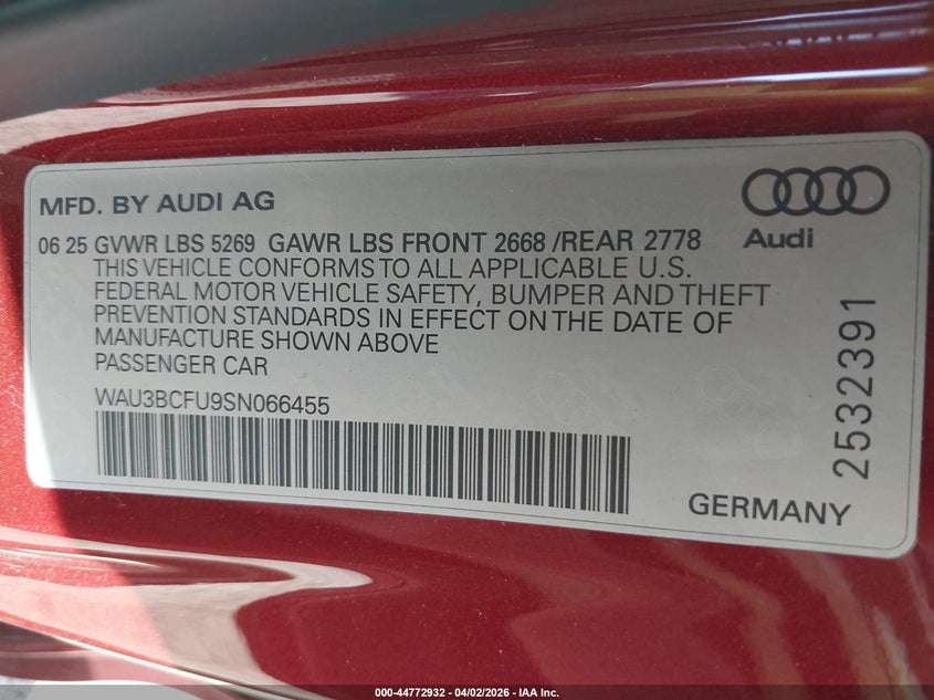 2025 Audi A5 VIN WAU3BCFU9SN066455 IAAI salvage auction — FRONT END, Wait Title, sold $18,000 on 2026-09-04 (photo 9)