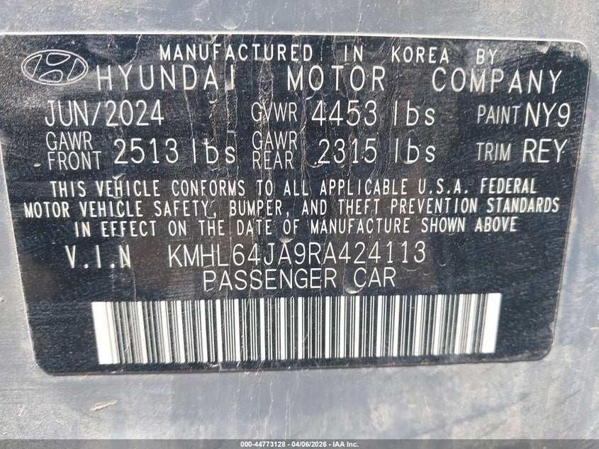 2024 Hyundai Sonata VIN KMHL64JA9RA424113 IAAI salvage auction — REAR END, Wait Title, sold $25 on 2026-07-29 (photo 9)