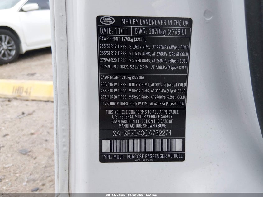 2012 Land rover Range rover sport VIN SALSF2D43CA732274 IAAI salvage auction — FRONT END, Wait Title, sold $1,500 on 2026-07-23 (photo 9)