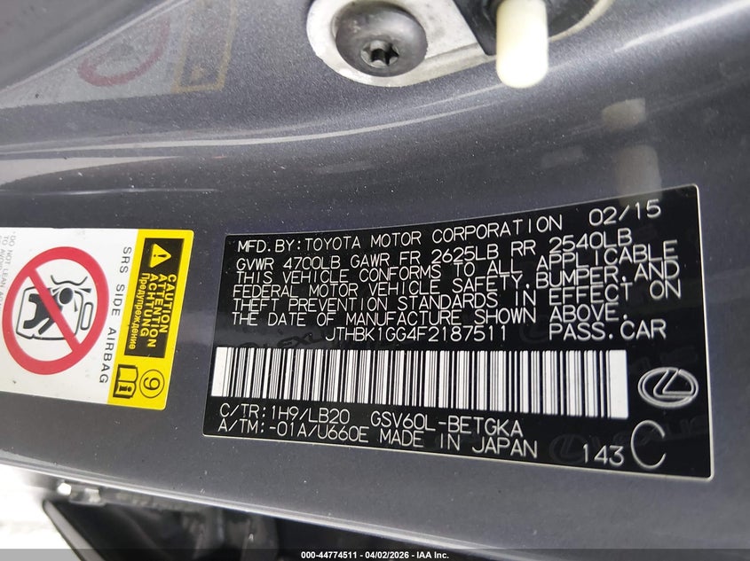 2015 Lexus ES VIN JTHBK1GG4F2187511 IAAI salvage auction — EXTERIOR BURN, Non-Repairable (California), sold $800 on 2026-07-16 (photo 9)