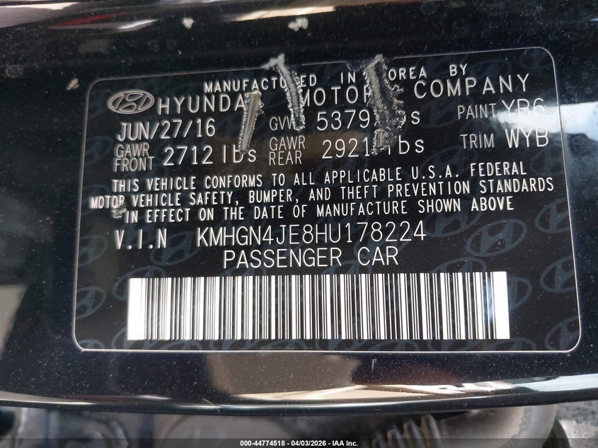 2017 Genesis G80 VIN KMHGN4JE8HU178224 IAAI salvage auction — FRONT END, Salvage (Idaho), sold $2,000 on 2026-08-01 (photo 9)