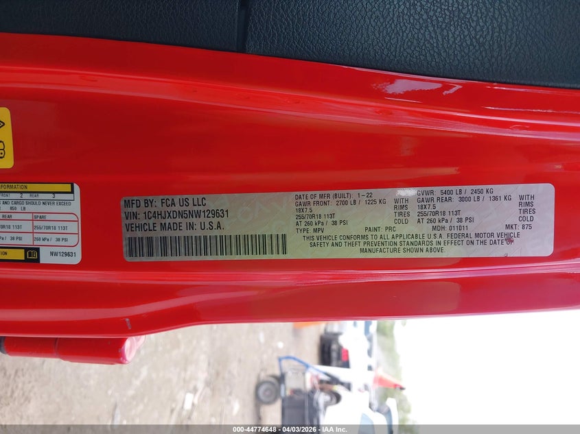 2022 Jeep Wrangler / VIN 1C4HJXDN5NW129631 IAAI salvage auction — FRONT END, Clear (Tennessee), sold $6,800 on 2026-07-11 (photo 9)