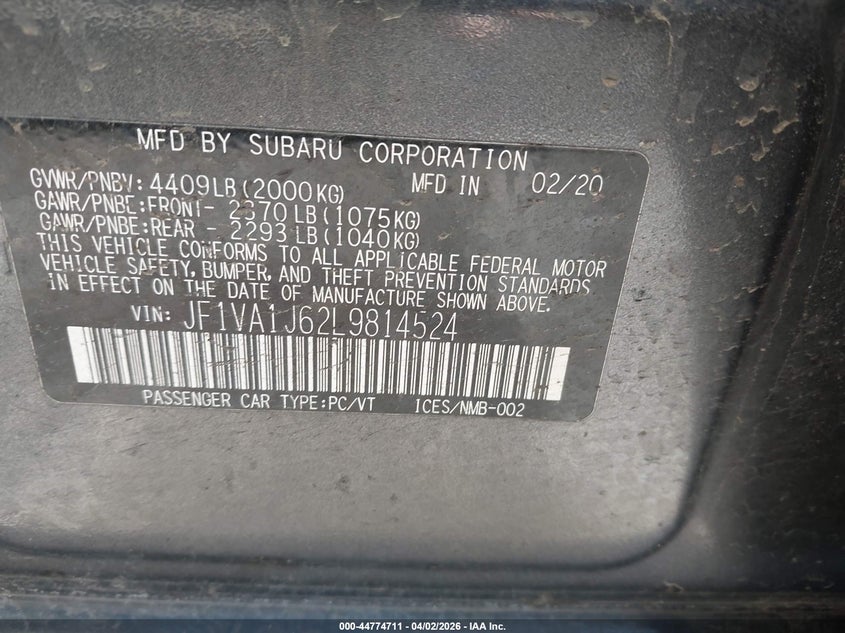 2020 Subaru Wrx VIN JF1VA1J62L9814524 IAAI salvage auction — FRONT END, Clear (Oklahoma), sold $4,550 on 2026-07-21 (photo 9)