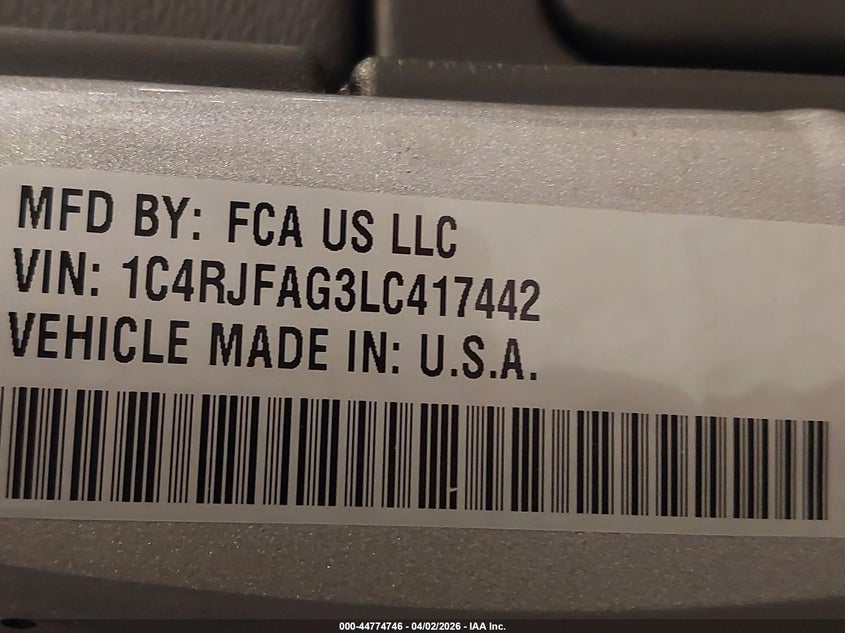 2020 Jeep Grand cherokee VIN 1C4RJFAG3LC417442 IAAI salvage auction — FRONT END, Wait Title, sold $3,850 on 2026-07-18 (photo 9)