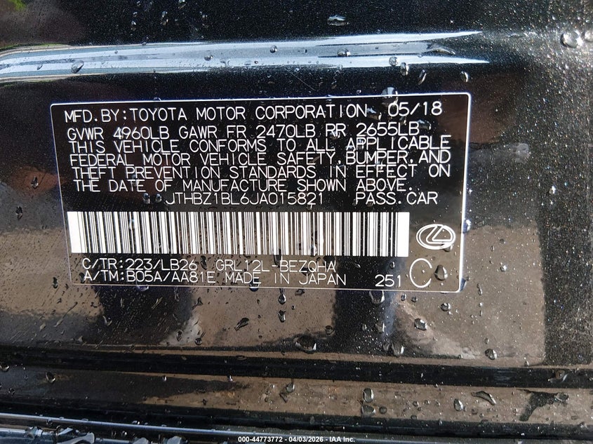2018 Lexus Gs VIN JTHBZ1BL6JA015821 IAAI salvage auction — REAR END, Wait Title, sold $8,550 on 2026-07-14 (photo 9)