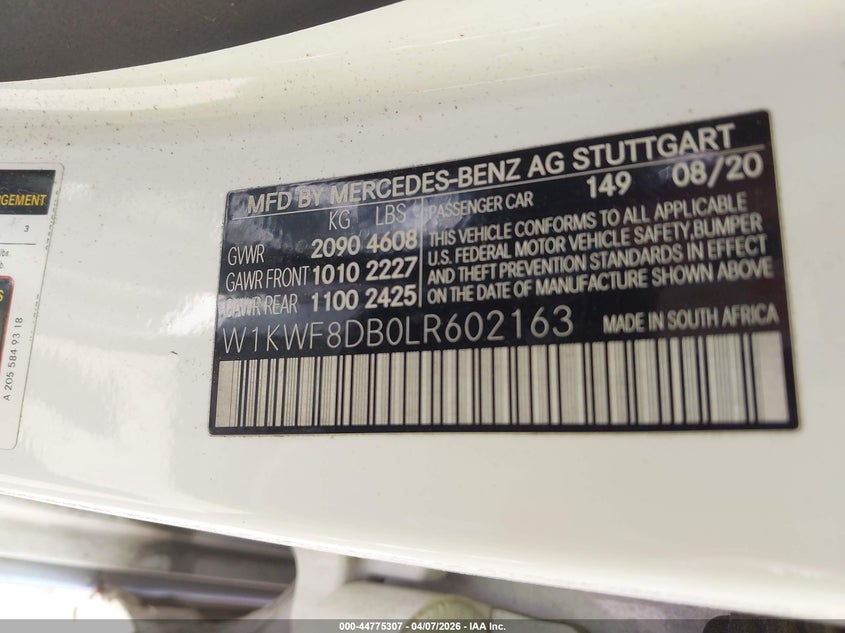 2020 Mercedes-benz C-klasse VIN W1KWF8DB0LR602163 IAAI salvage auction — RIGHT FRONT, Salvage (Idaho), sold $3,550 on 2026-07-11 (photo 9)