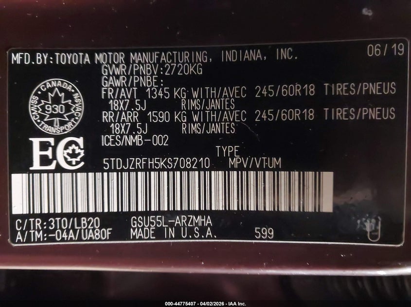 2019 Toyota Highlander VIN 5TDJZRFH5KS708210 IAAI salvage auction — REAR END, Salvage (Minnesota), sold $9,000 on 2026-07-08 (photo 9)