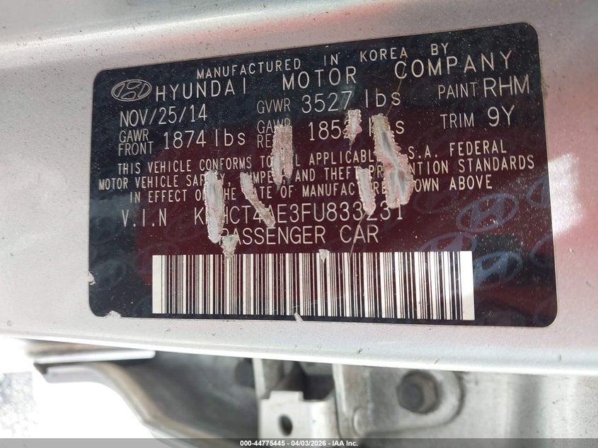 2015 Hyundai Accent VIN KMHCT4AE3FU833231 IAAI salvage auction — REAR END, Wait Title, sold $600 on 2026-07-09 (photo 9)