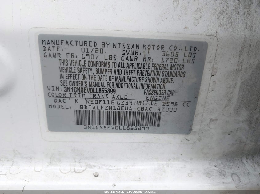 2020 Nissan Versa VIN 3N1CN8EV0LL865899 IAAI salvage auction — FRONT END, Wait Title, sold $2,350 on 2026-07-05 (photo 9)