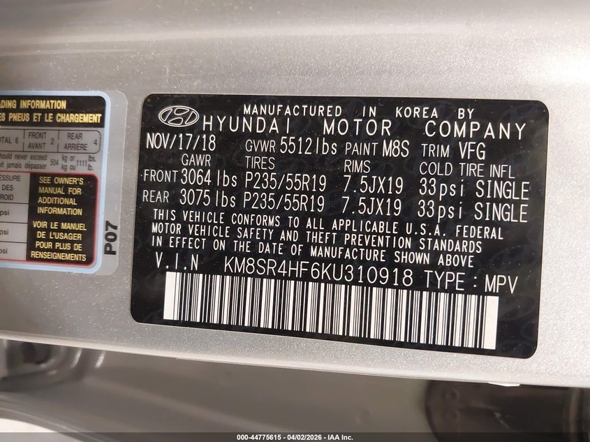 2019 Hyundai Santa fe VIN KM8SR4HF6KU310918 IAAI salvage auction — REAR END, Wait Title, sold $4,500 on 2026-07-13 (photo 9)