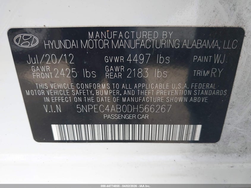 2013 Hyundai Sonata VIN 5NPEC4AB0DH566267 IAAI salvage auction — REAR END, Wait Title, sold $1,200 on 2026-07-08 (photo 9)