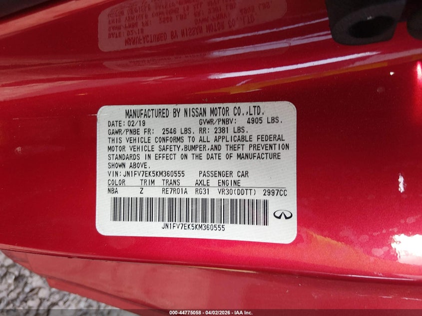 2019 Infiniti Q60 VIN JN1FV7EK5KM360555 IAAI salvage auction — FRONT END, Salvage (Kentucky), sold $4,300 on 2026-07-29 (photo 9)