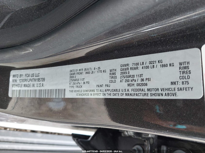 2026 Ram 1500 VIN 1C6SRFJP4TN195709 IAAI salvage auction — RIGHT REAR, Salvage (Louisiana), sold $12,200 on 2026-07-29 (photo 9)