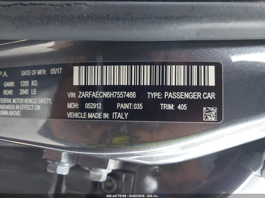 2017 Alfa romeo Giulia VIN ZARFAECN6H7557466 IAAI salvage auction — FRONT END, Wait Title, sold $25 on 2026-07-22 (photo 9)
