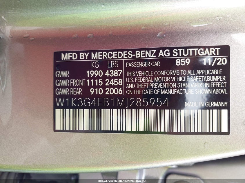 2021 Mercedes-benz A-klasse VIN W1K3G4EB1MJ285954 IAAI salvage auction — WATER/FLOOD, Salvage (Texas), sold $4,300 on 2026-07-24 (photo 9)