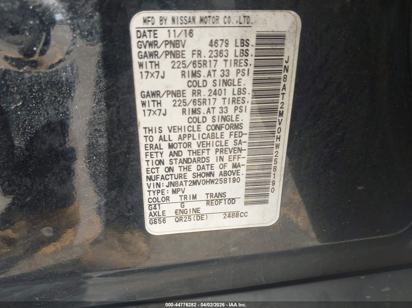 2017 Nissan Rogue VIN JN8AT2MV0HW258190 IAAI salvage auction — FRONT & REAR, Rebuildable (Florida), sold $975 on 2026-07-08 (photo 9)