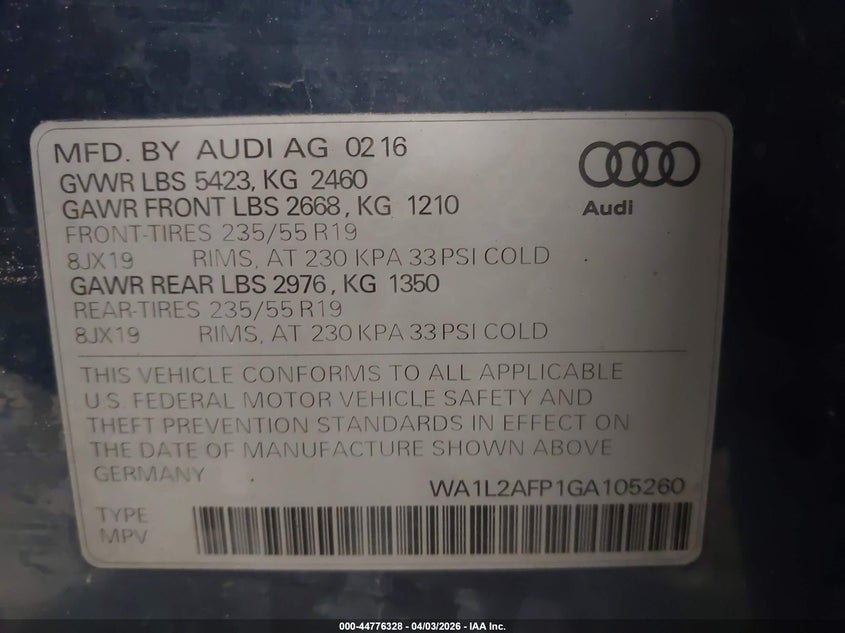2016 Audi Q5 VIN WA1L2AFP1GA105260 IAAI salvage auction — LEFT FRONT, Salvage (Idaho), sold $525 on 2026-07-27 (photo 9)