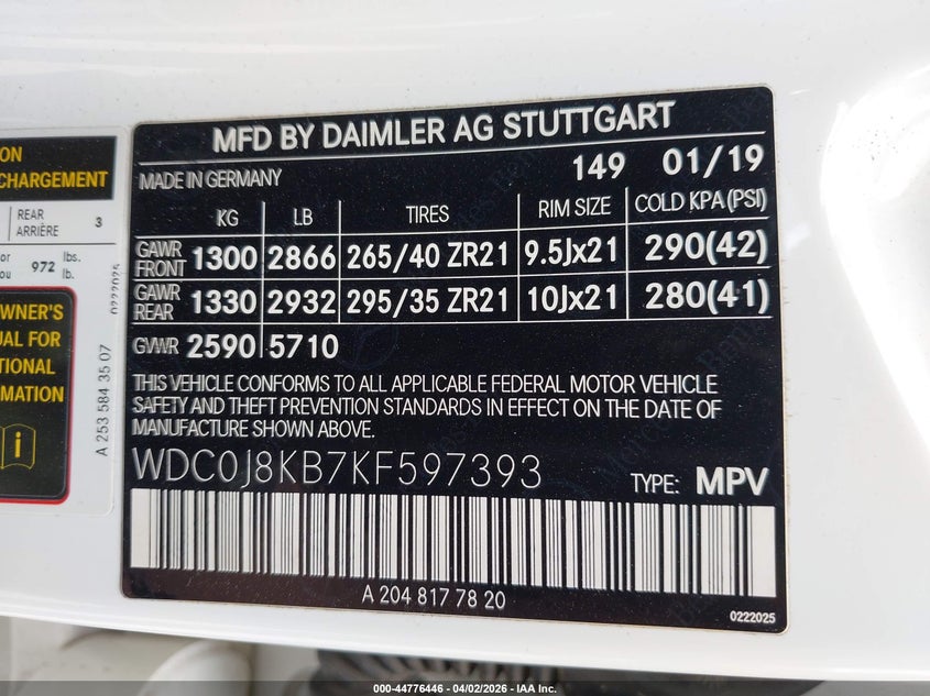 2019 Mercedes-benz VIN WDC0J8KB7KF597393 IAAI salvage auction — FRONT END, Original (Texas), sold $19,075 on 2026-07-06 (photo 9)