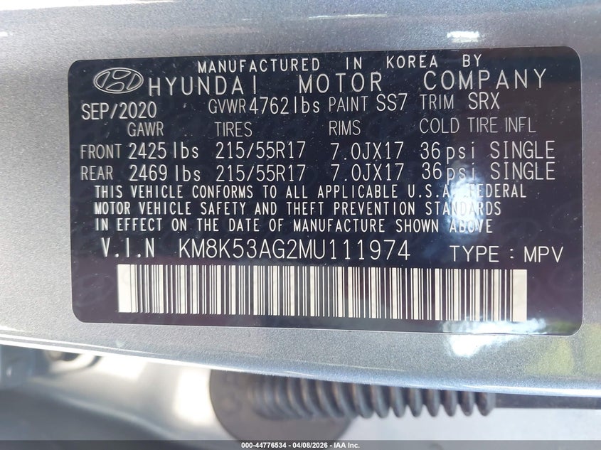 2021 Hyundai Kona VIN KM8K53AG2MU111974 IAAI salvage auction — RIGHT FRONT, Salvage Title, sold $7,000 on 2026-07-10 (photo 9)