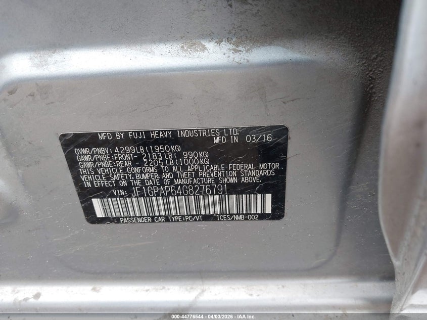 2016 Subaru Impreza VIN JF1GPAP64G8276791 IAAI salvage auction — FRONT END, Wait Title, sold $1,550 on 2026-07-15 (photo 9)