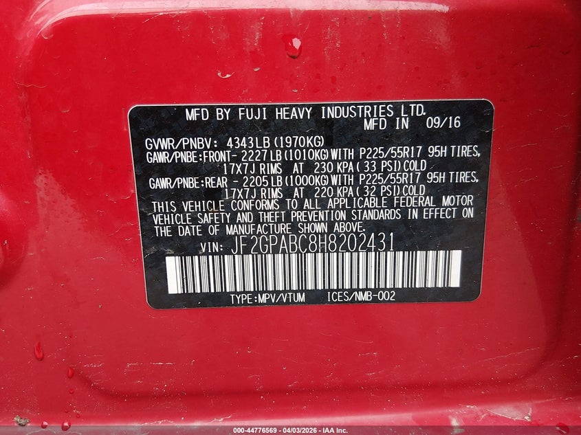2017 Subaru Xv VIN JF2GPABC8H8202431 IAAI salvage auction — FRONT END, Salvage (New Hampshire), sold $1,350 on 2026-07-22 (photo 9)