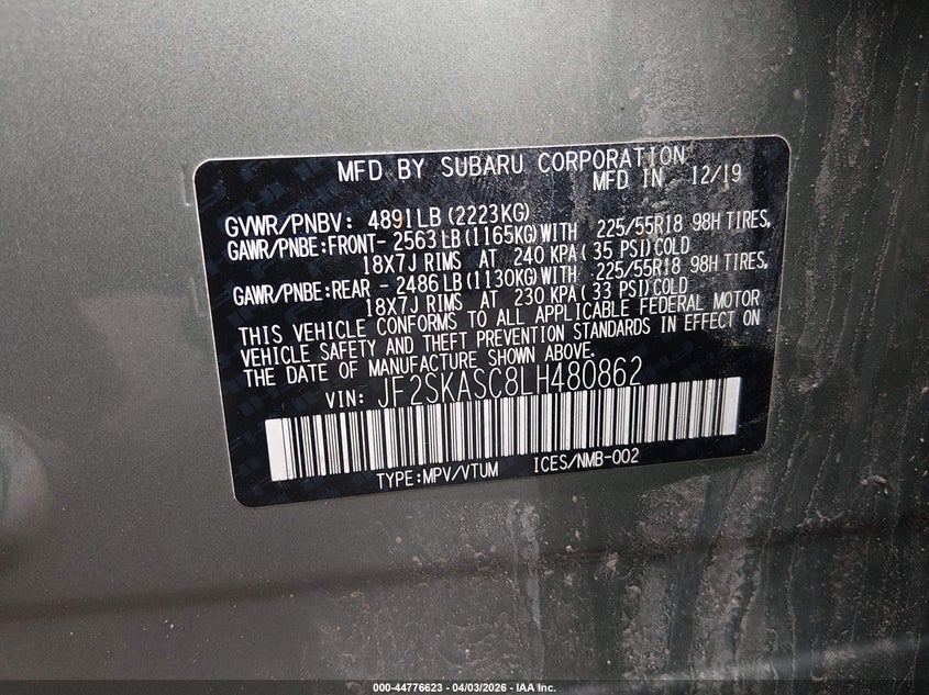 2020 Subaru Forester VIN JF2SKASC8LH480862 IAAI salvage auction — FRONT END, Salvage (New Hampshire), sold $3,050 on 2026-07-08 (photo 9)