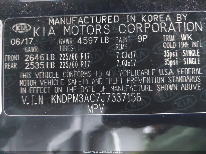 2018 Kia Sportage VIN KNDPM3AC7J7337156 IAAI salvage auction — SIDE, Wait Title, sold $2,050 on 2026-07-12 (photo 9)