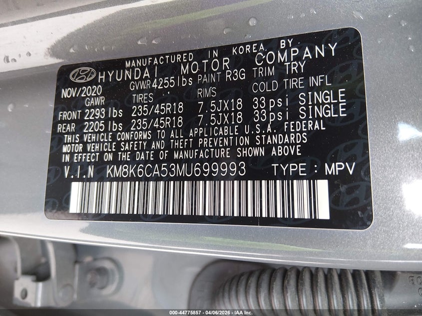 2021 Hyundai Kona VIN KM8K6CA53MU699993 IAAI salvage auction — LEFT SIDE, Wait Title, sold $4,125 on 2026-07-08 (photo 9)