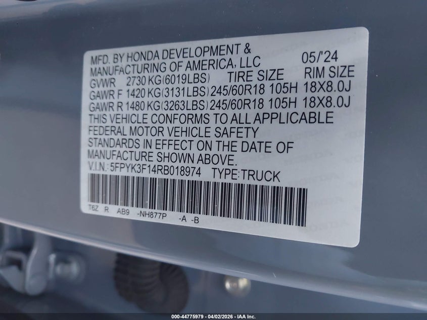 2024 Honda Ridgeline VIN 5FPYK3F14RB018974 IAAI salvage auction — FRONT END, Wait Title, sold $11,900 on 2026-07-20 (photo 9)