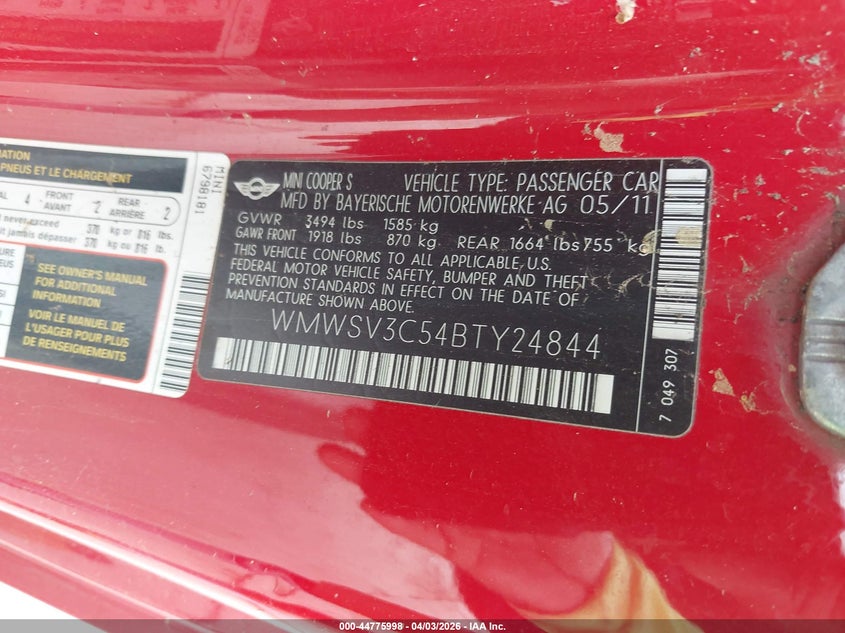 2011 Mini Cooper VIN WMWSV3C54BTY24844 IAAI salvage auction — LEFT FRONT, Original (Texas), sold $900 on 2026-07-07 (photo 9)