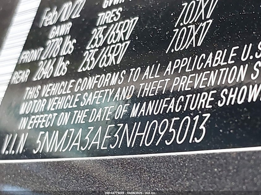 2022 Hyundai Tucson VIN 5NMJA3AE3NH095013 IAAI salvage auction — LEFT & RIGHT, Original (Texas), sold $7,500 on 2026-07-31 (photo 9)
