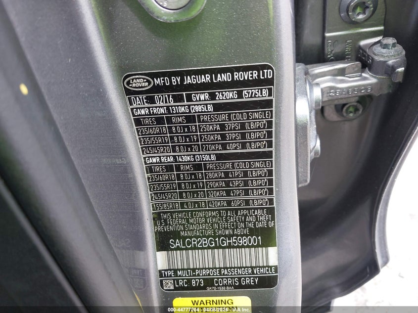 2016 Land rover Discovery sport VIN SALCR2BG1GH598001 IAAI salvage auction — RIGHT FRONT, Rebuildable (Florida), sold $2,450 on 2026-07-29 (photo 9)