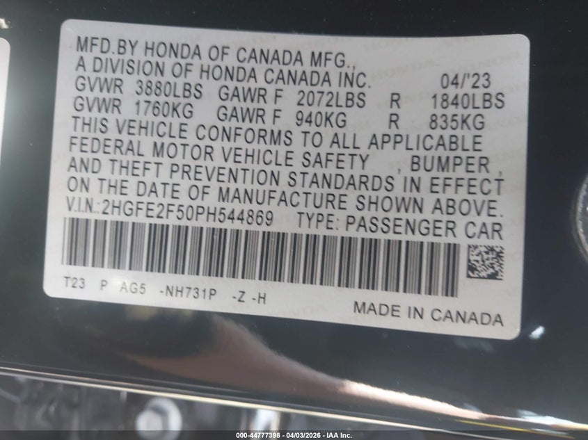 2023 Honda Civic VIN 2HGFE2F50PH544869 IAAI salvage auction — RIGHT FRONT, Wait Title, sold $7,700 on 2026-08-03 (photo 9)