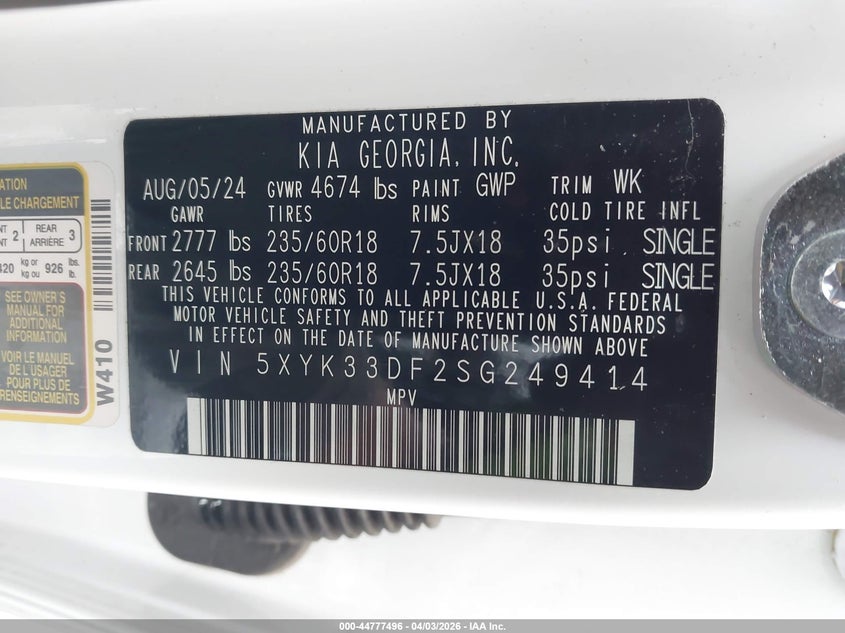 2025 Kia Sportage VIN 5XYK33DF2SG249414 IAAI salvage auction — FRONT END, Wait Title, sold $8,900 on 2026-07-16 (photo 9)