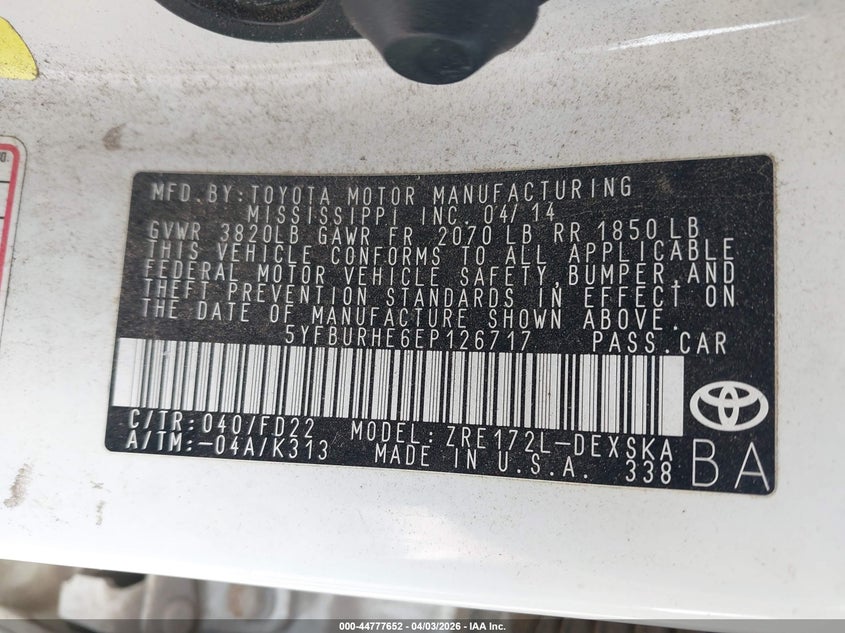 2014 Toyota Corolla VIN 5YFBURHE6EP126717 IAAI salvage auction — REAR END, Clear (Kansas), sold $3,950 on 2026-07-24 (photo 9)