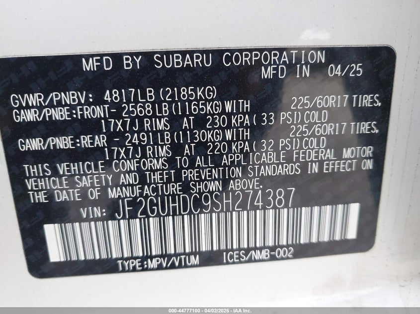 2025 Subaru Xv VIN JF2GUHDC9SH274387 IAAI salvage auction — LEFT FRONT, Salvage (California), sold $7,100 on 2026-09-23 (photo 9)