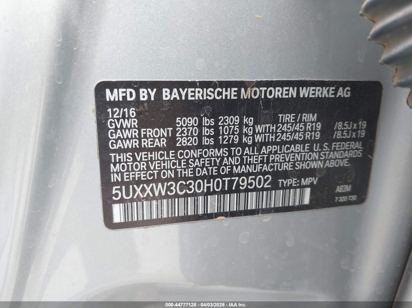 2017 BMW X4 VIN 5UXXW3C30H0T79502 IAAI salvage auction — LEFT SIDE, Wait Title, sold $3,100 on 2026-07-28 (photo 9)