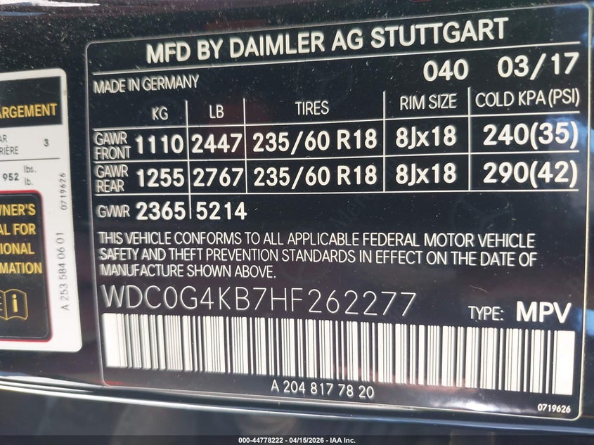 2017 Mercedes-benz Glc VIN WDC0G4KB7HF262277 IAAI salvage auction — RIGHT FRONT, Wait Title, sold $5,900 on 2026-07-29 (photo 9)