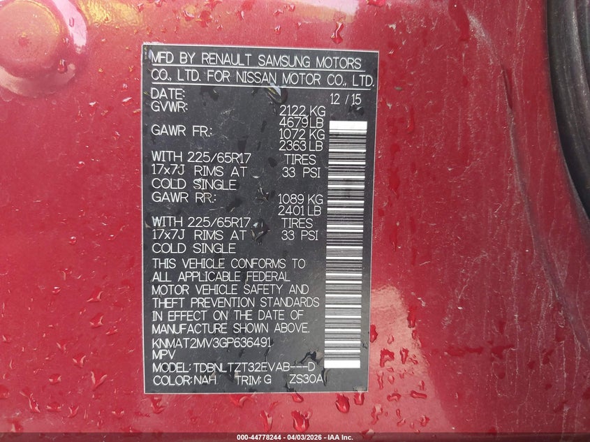 2016 Nissan Rogue VIN KNMAT2MV3GP636491 IAAI salvage auction — RIGHT SIDE, Clear (Indiana), sold $1,650 on 2026-07-21 (photo 9)