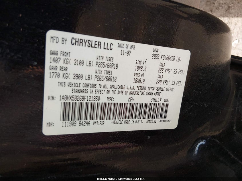 2008 Chrysler Aspen VIN 1A8HX58268F121960 IAAI salvage auction — THEFT, Salvage (Arizona), sold $25 on 2026-07-09 (photo 9)