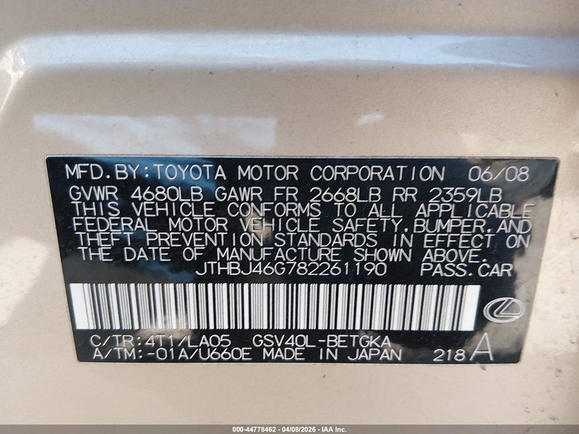 2008 Lexus ES VIN JTHBJ46G782261190 IAAI salvage auction — FRONT END, Salvage (West Virginia), sold $475 on 2026-07-31 (photo 9)