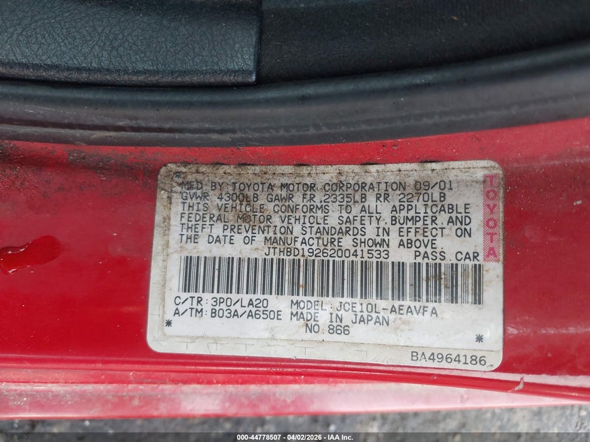 2002 Lexus Is VIN JTHBD192620041533 IAAI salvage auction — RIGHT FRONT, Salvage (Texas), sold $350 on 2026-07-10 (photo 9)