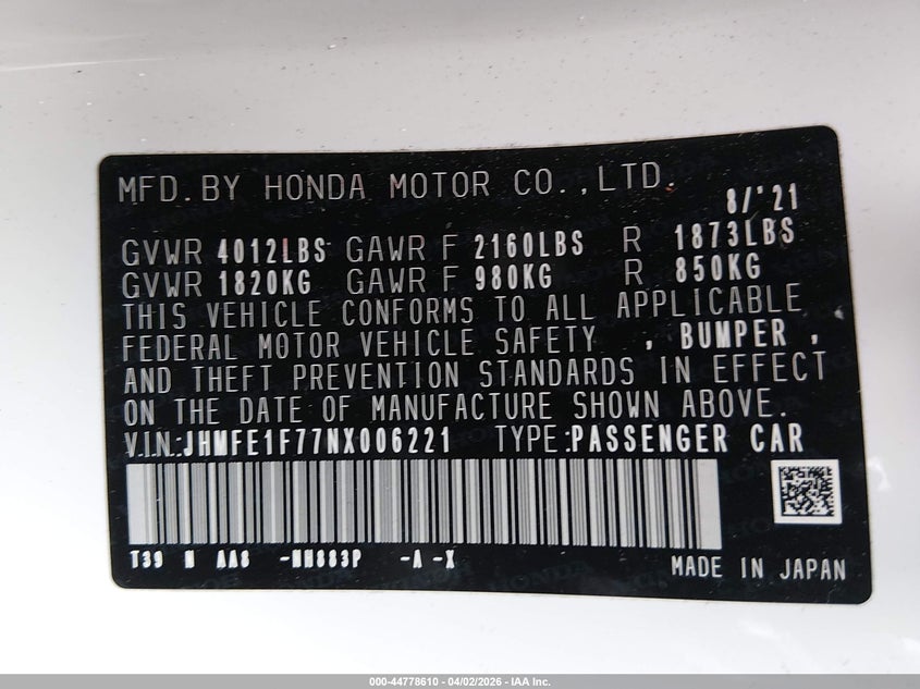 2022 Honda Civic VIN JHMFE1F77NX006221 IAAI salvage auction — FRONT END, Salvage (New Jersey), sold $4,950 on 2026-08-01 (photo 9)