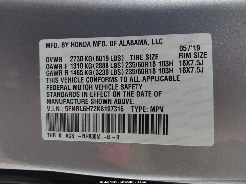 2019 Honda Odyssey VIN 5FNRL6H72KB107316 IAAI salvage auction — UNKNOWN, Salvage (Hawaii), sold $9,100 on 2026-07-24 (photo 9)