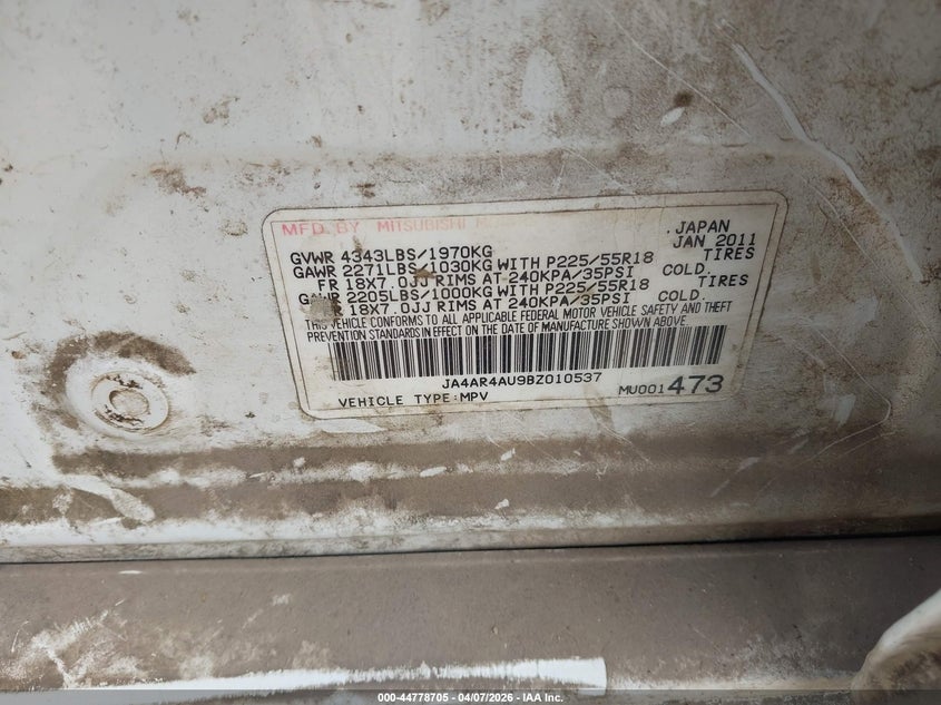 2011 Mitsubishi Outlander sport VIN JA4AR4AU9BZ010537 IAAI salvage auction — FRONT END, Original (Texas), sold $375 on 2026-07-13 (photo 9)
