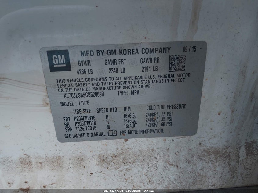 2016 Chevrolet Trax VIN KL7CJLSB5GB520698 IAAI salvage auction — LEFT FRONT, Wait Title, sold $425 on 2026-07-16 (photo 9)