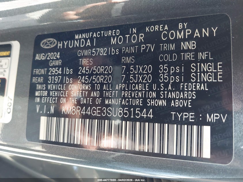 2025 Hyundai Palisade VIN KM8R44GE3SU851544 IAAI salvage auction — FRONT END, Wait Title, sold $12,375 on 2026-07-22 (photo 9)
