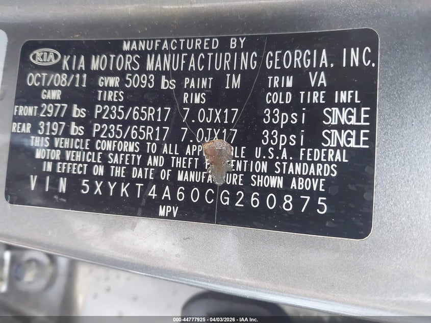 2012 Kia Sorento VIN 5XYKT4A60CG260875 IAAI salvage auction — RIGHT SIDE, Wait Title, sold $650 on 2026-07-13 (photo 9)