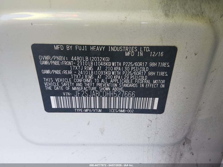 2017 Subaru Forester VIN JF2SJABC0HH527666 IAAI salvage auction — FRONT END, Salvage Title, sold $2,775 on 2026-07-15 (photo 9)